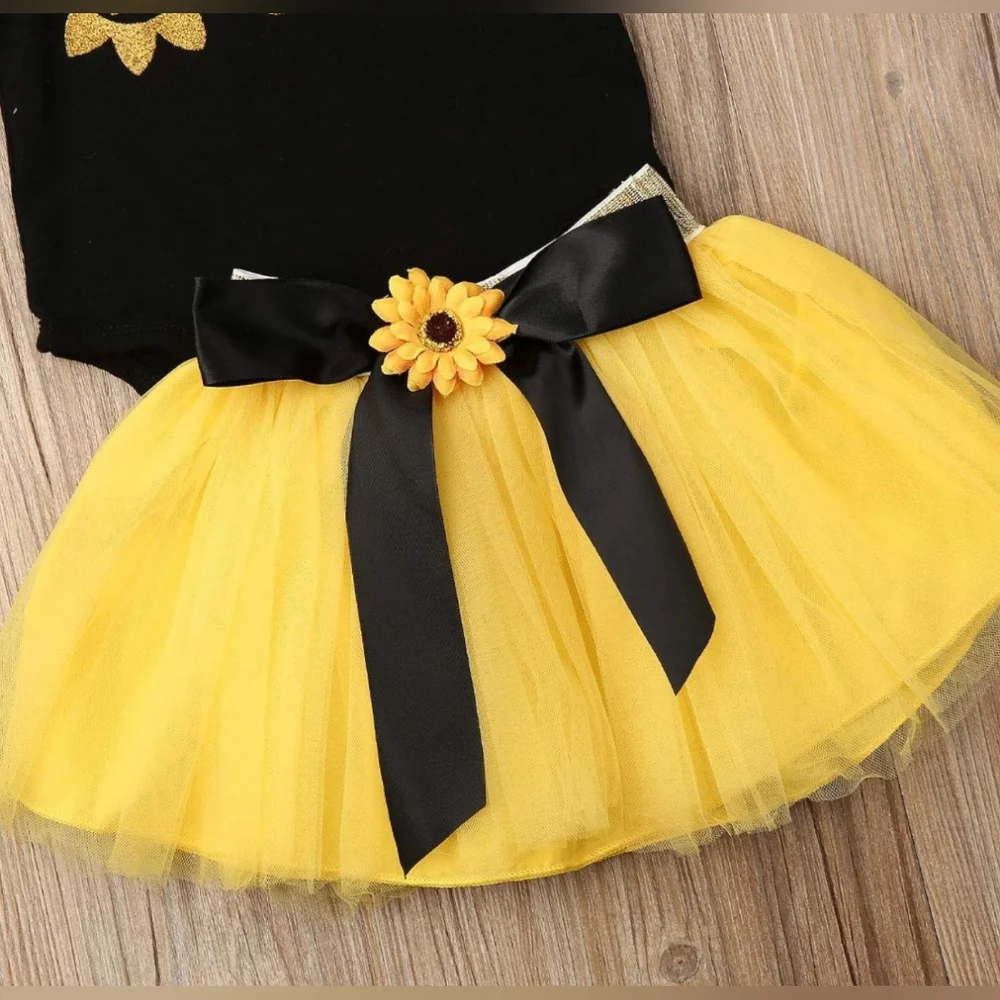​Baby Girl First Birthday Outfit Sunflower Tutu Dress Lace Sleeve Bodysuit 9-12M